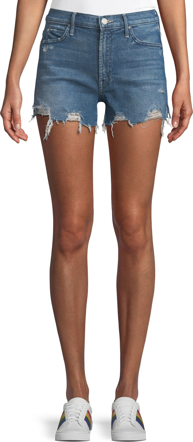 MOTHER Rascal Rainbow High-Waist Distressed Denim Shorts