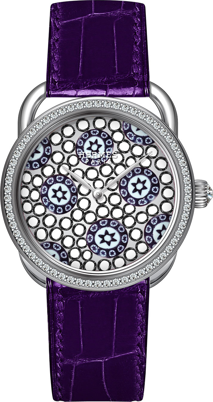 HERMÈS 34mm Arceau Millefiori Watch with Diamonds, White/Purple