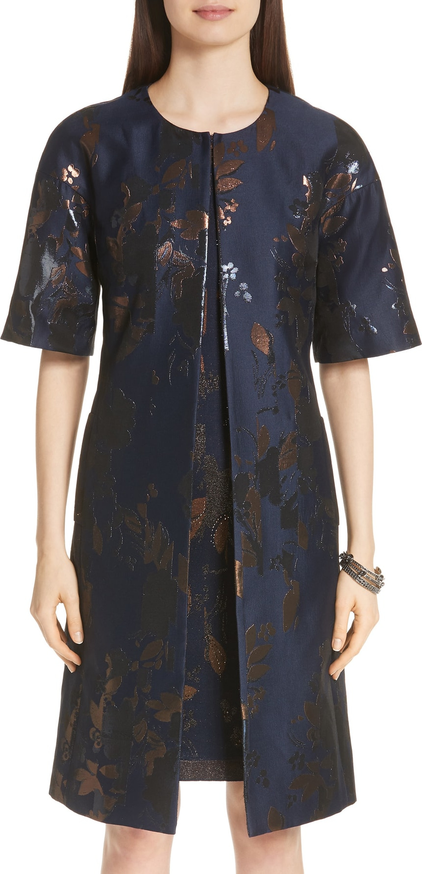 St. John Broken Flower Motif Metallic Jacquard Topper