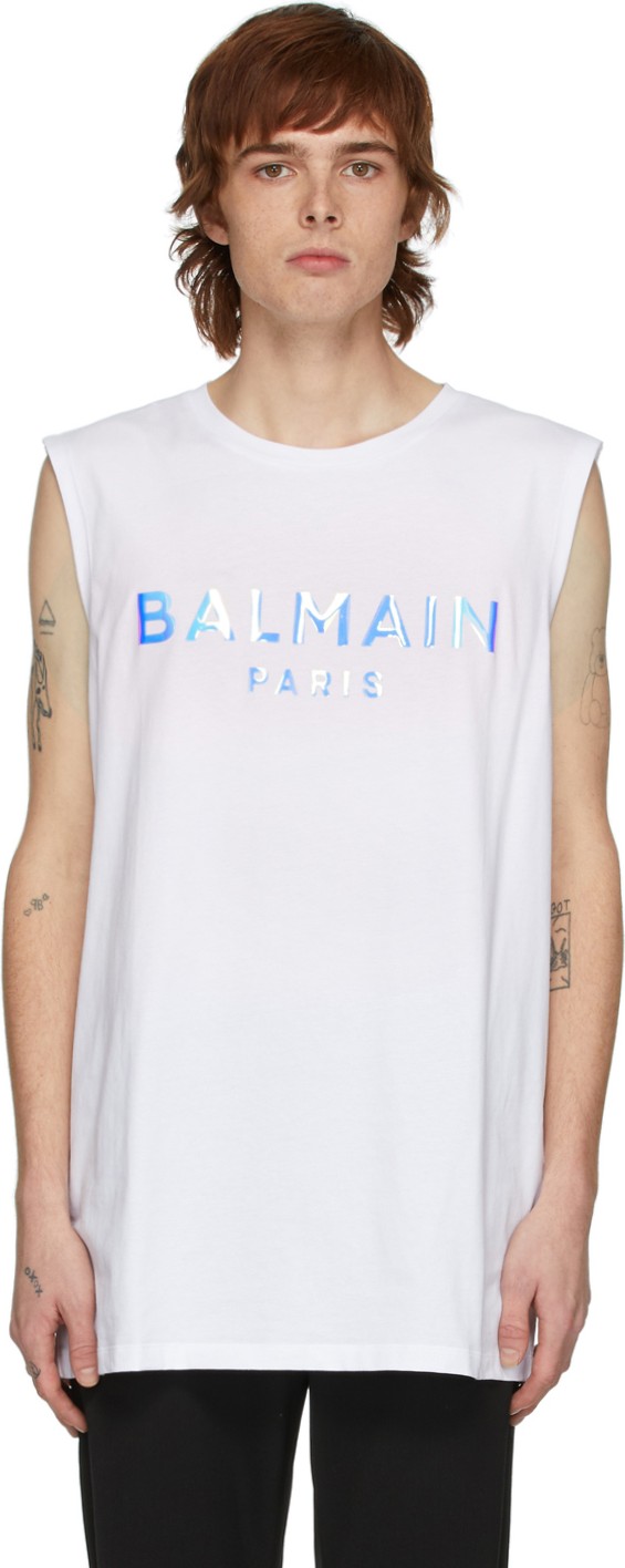 Balmain White Hologramme Logo Tank Top