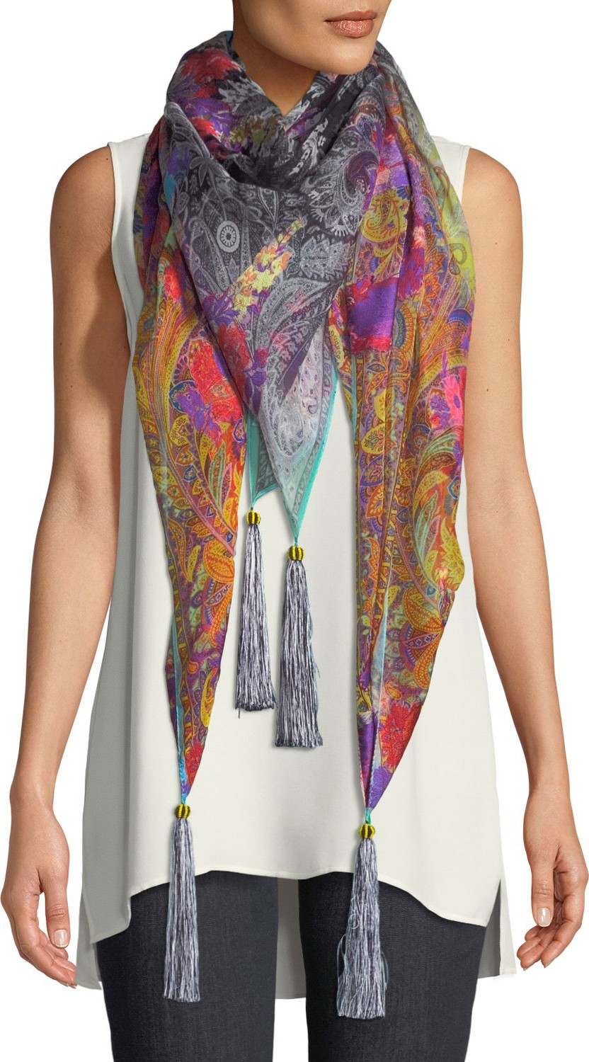 Etro Paisley Silk-Blend Scarf w/ Floral Embroidery