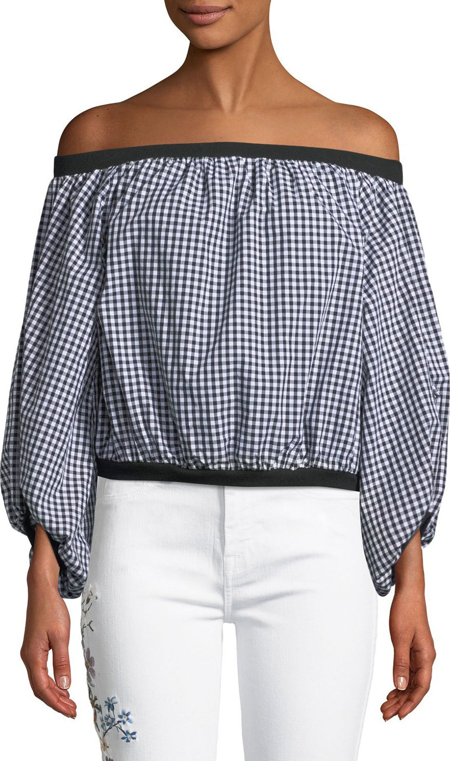 7 For All Mankind Off-the-Shoulder Gingham Blouson-Sleeve Top