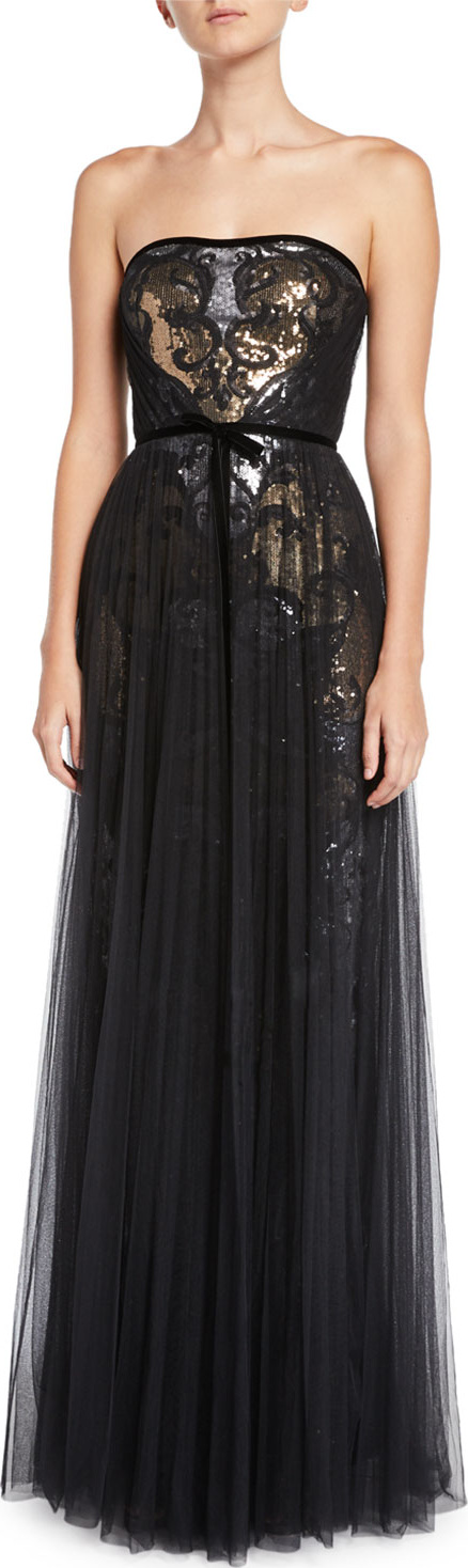 Marchesa Notte Sequin & Tulle Pleated Strapless Gown