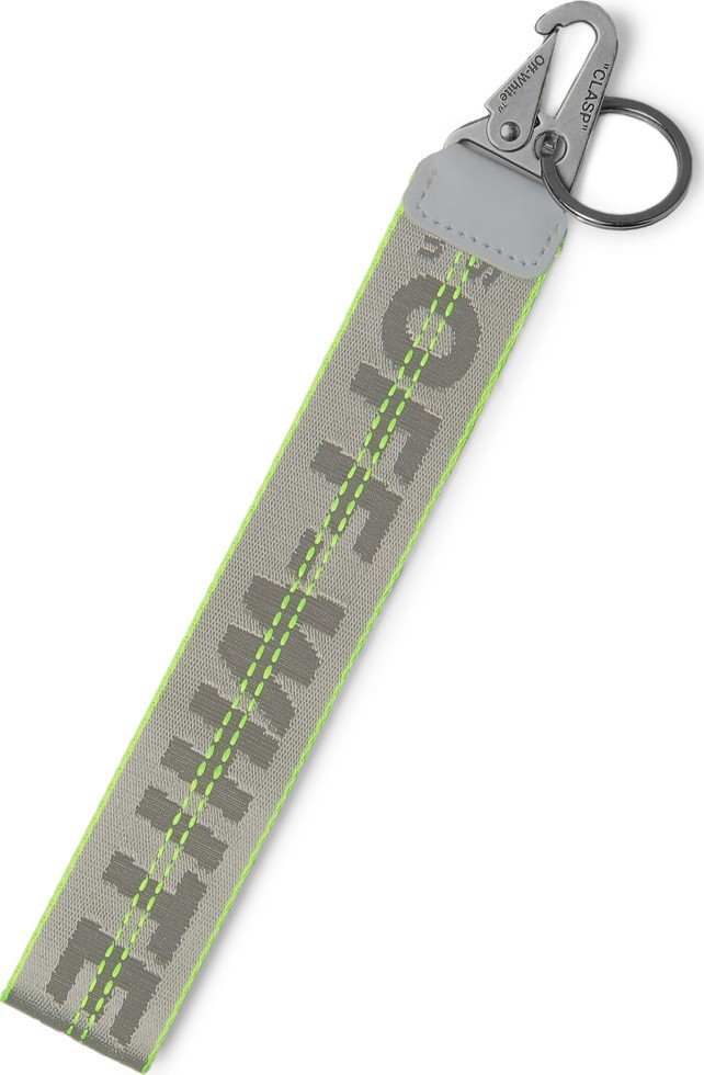 Off White Leather-Trimmed Logo-Jacquard Webbing Key Fob