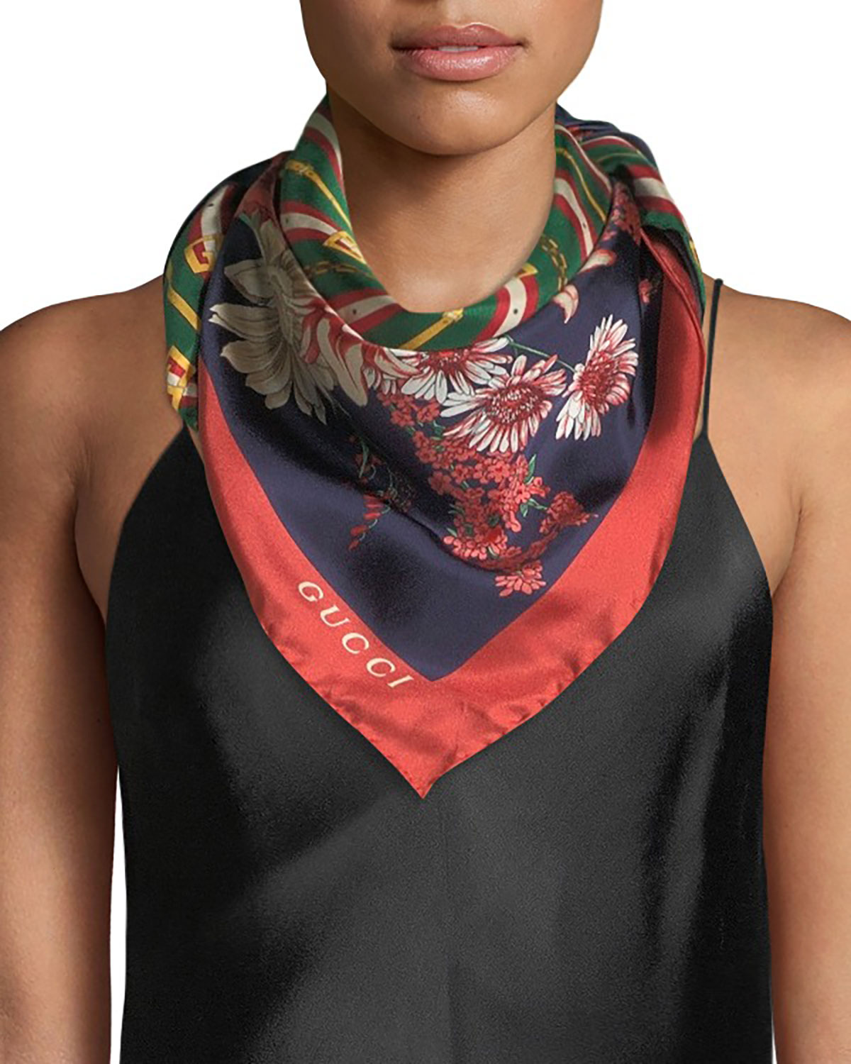 Gucci GG Chain & Bouquet Print Silk Scarf