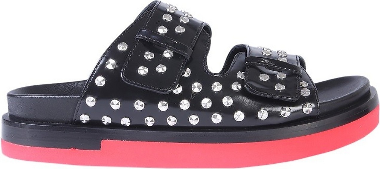 Alexander McQueen Black Studded Leather Flatform Sandals w/Red Trompe l'oeil Sole