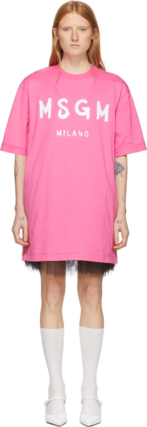 MSGM Pink Paint Brush Logo T-Shirt Dress