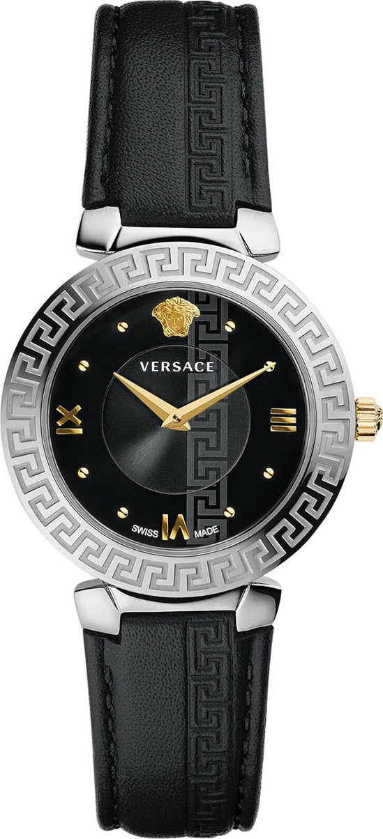 Versace 35mm Daphnis Leather Greca Watch, Black/Silver