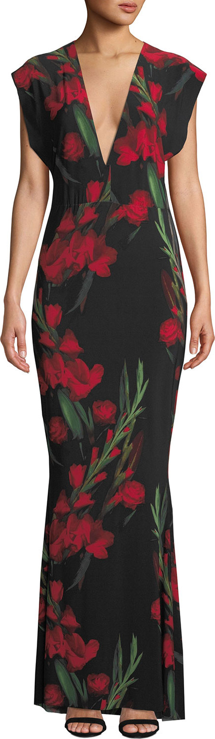 Norma Kamali Floral V-Neck Rectangle Gown