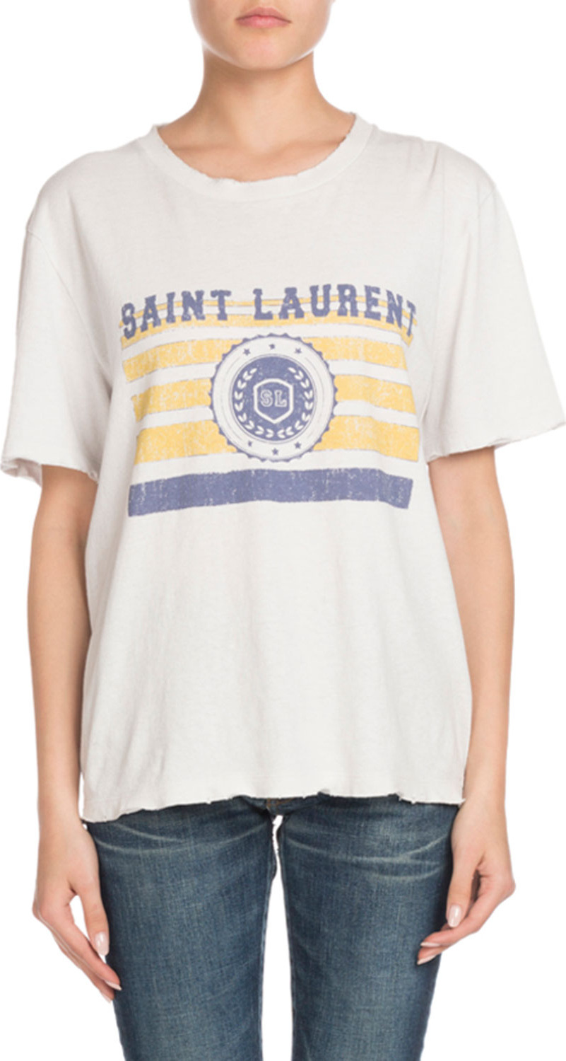 Saint Laurent University-Medallion on Stripes Crewneck Short-Sleeve Cotton T-Shirt