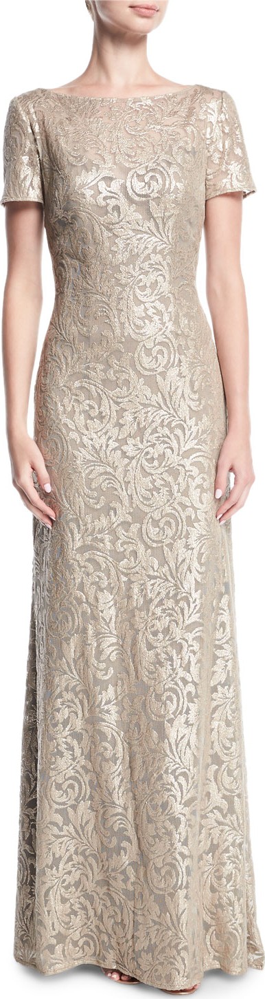 La Femme Boat-Neck Short-Sleeve Lace Embroidered Evening Gown