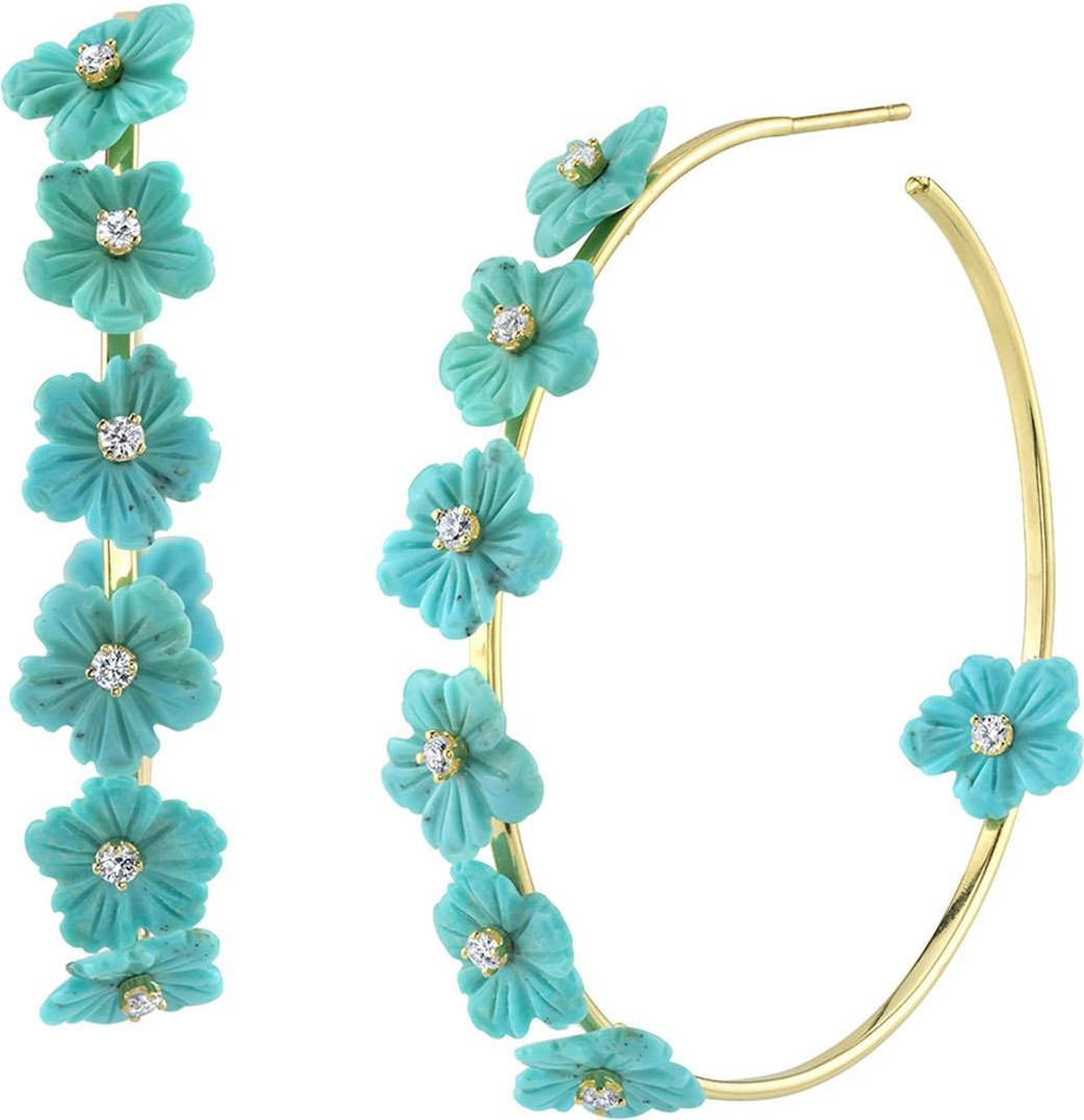 Cynthia Bach 18k Gold Turquoise & Diamond Flower Hoop Earrings, 2"L