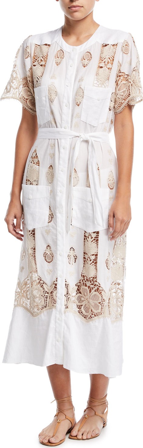 Miguelina Coraline Button-Down Cotton Coverup Maxi Dress w/ Lace