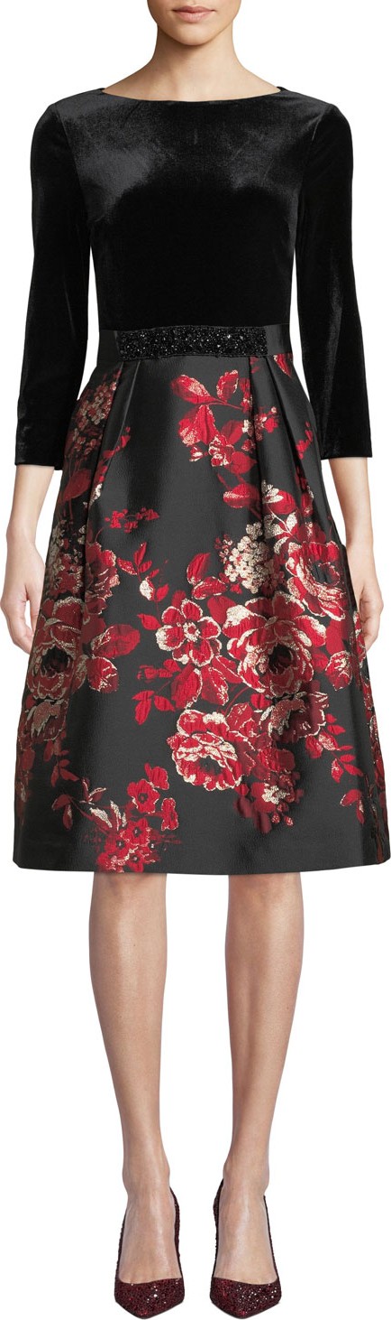 Rickie Freeman for Teri Jon Velvet & Floral Taffeta Combo Dress
