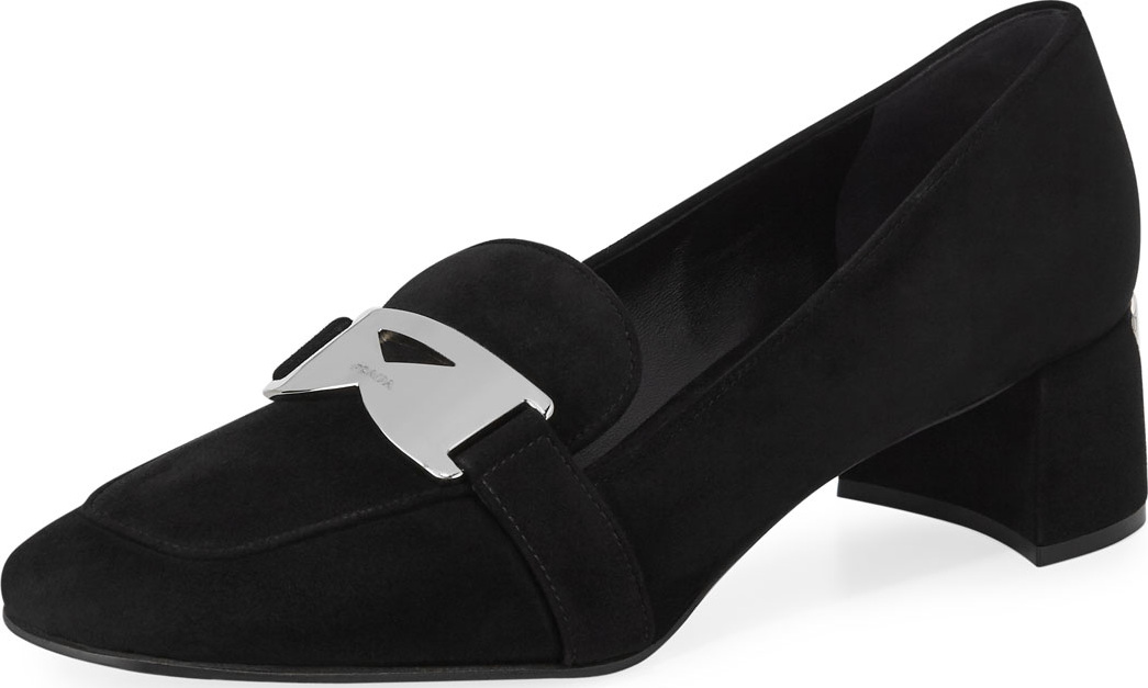 Prada Suede Loafer Pump with Logo Plaque