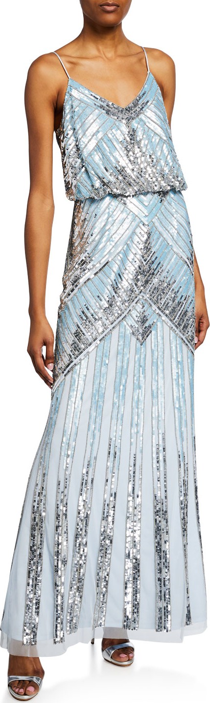 Aidan Mattox Beaded V-Neck Spaghetti-Strap Blouson Gown