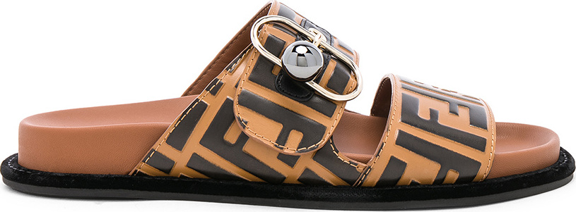 Fendi Logo Print Leather Buckle Slides
