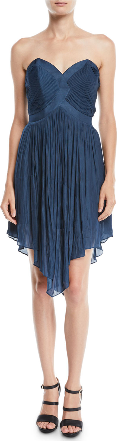 HALSTON HERITAGE Strapless Pleated Mini Dress w/ Asymmetric Hem