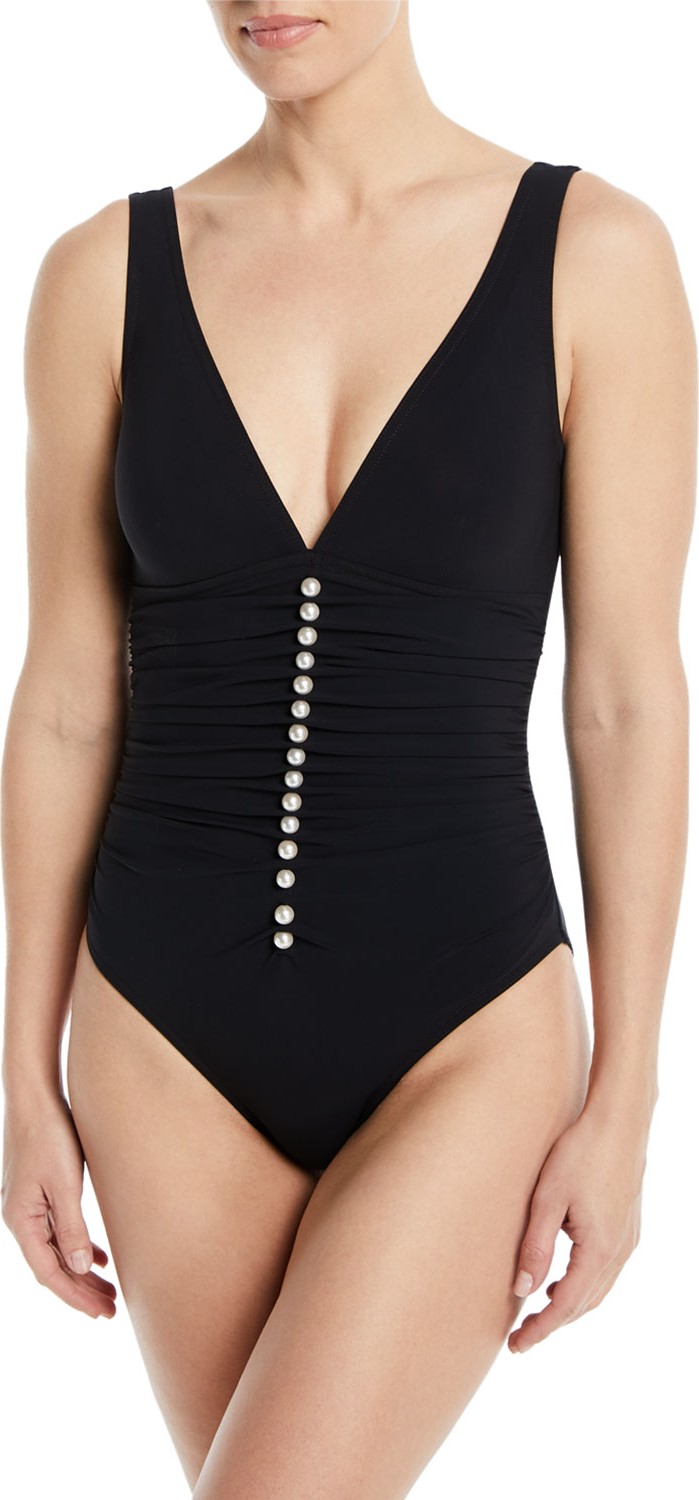Karla Colletto Amma Silent Underwire Ruched One-Piece Swimsuit with Pearl Buttons
