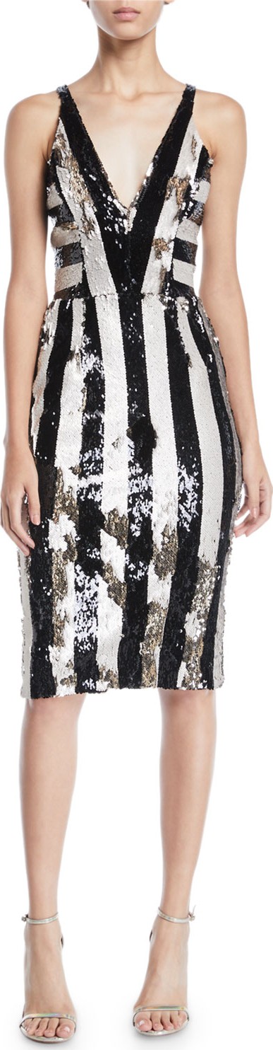 Dress the Population Margo Sequin Striped V-Neck Dress