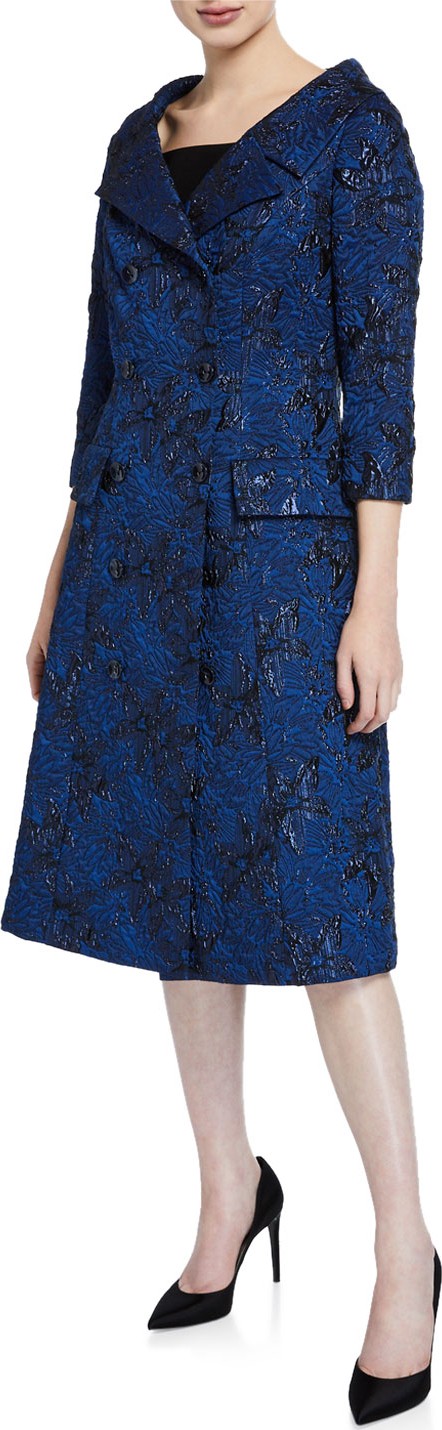 Rickie Freeman for Teri Jon Elbow-Sleeve Double-Breasted Jacquard Coat Dress