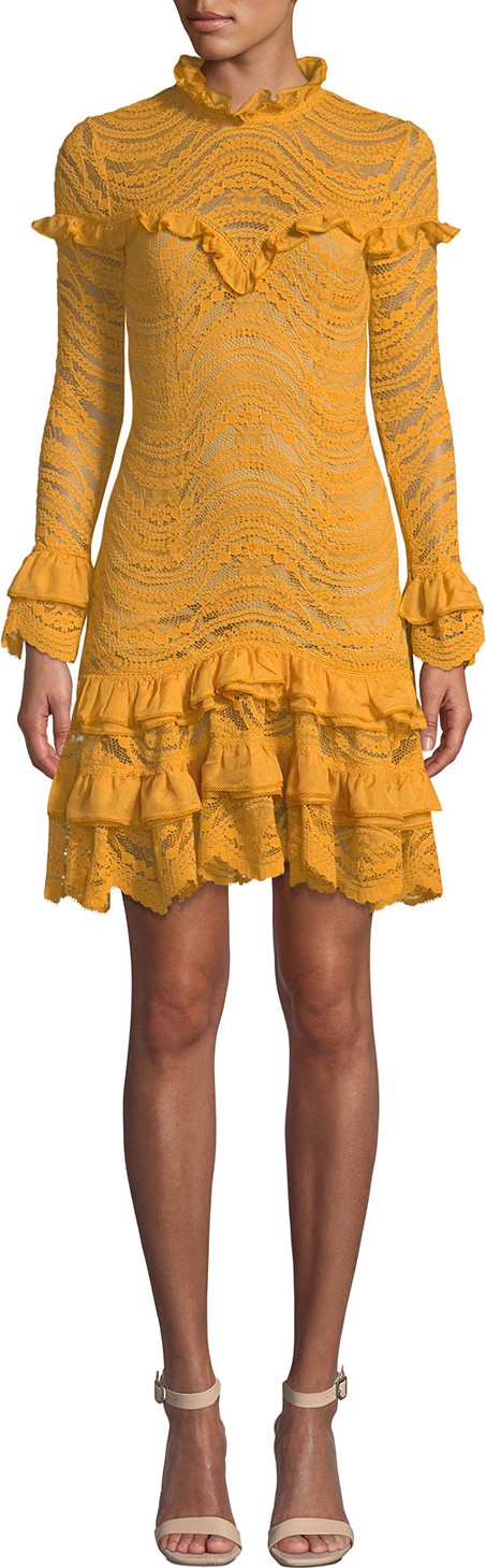 Jonathan Simkhai Mixed Lace Long-Sleeve Chiffon Ruffle Dress