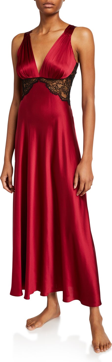 Christine Lingerie Bijou Lace-Trim Silk Nightgown