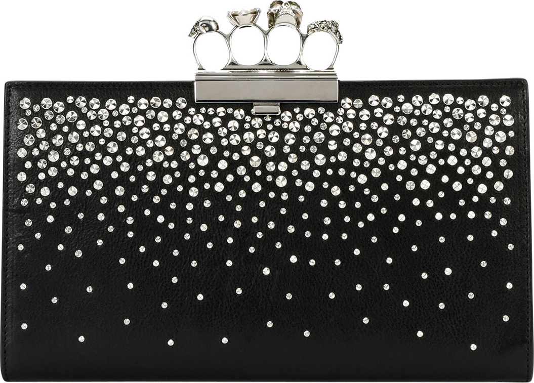 Alexander McQueen Four-Ring Knuckle Crystal-Studded Leather Clutch Bag