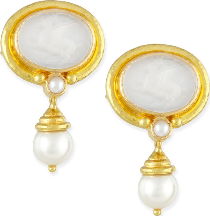 Elizabeth Locke Pegasus Intaglio Clip/Post Earrings with Pearl Drop, White
