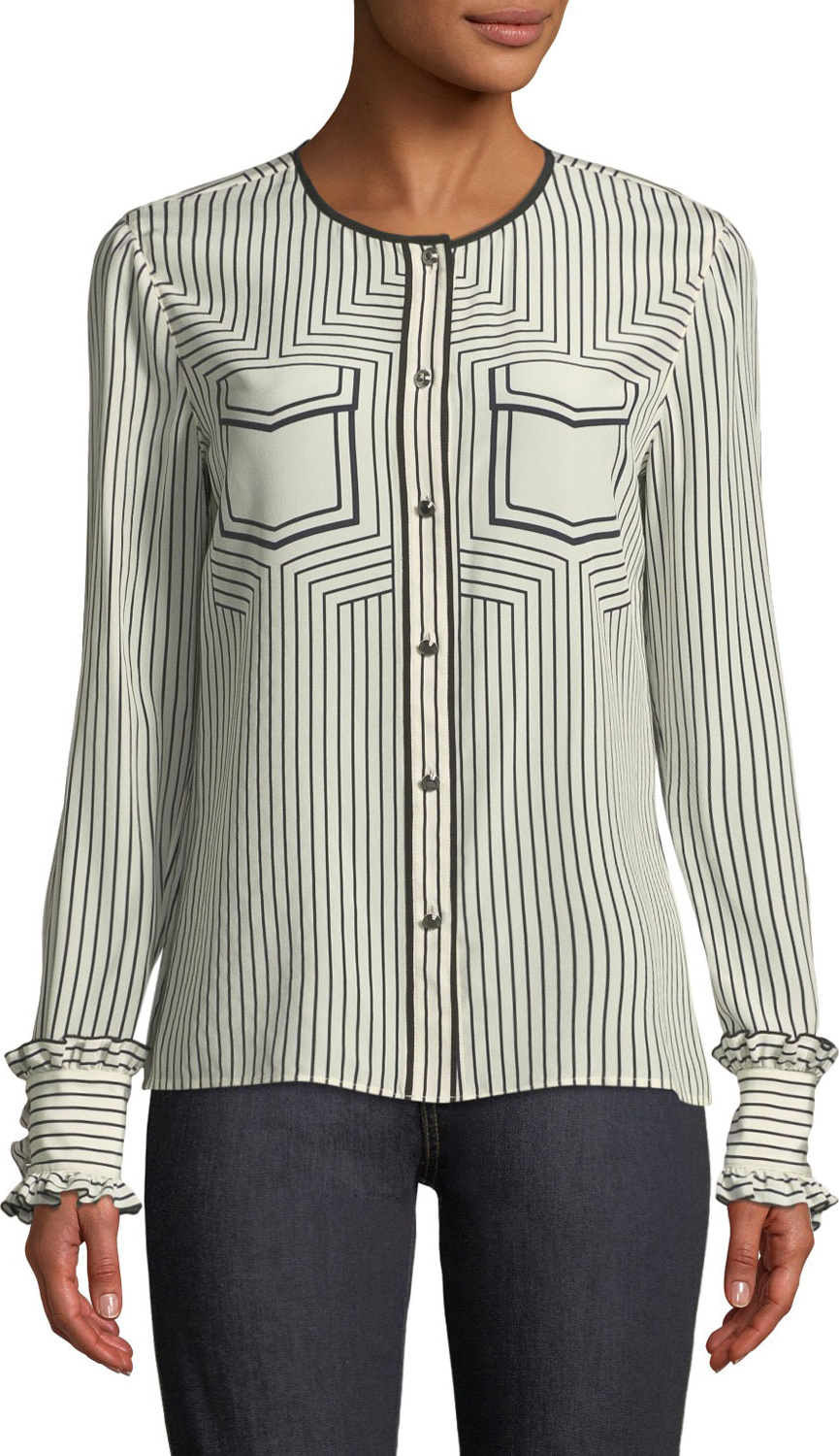 Tory Burch Wendy Button-Front Long-Sleeve Striped Silk Blouse Tory Burch Wendy Button-Front Long-Sleeve Striped Silk Blouse