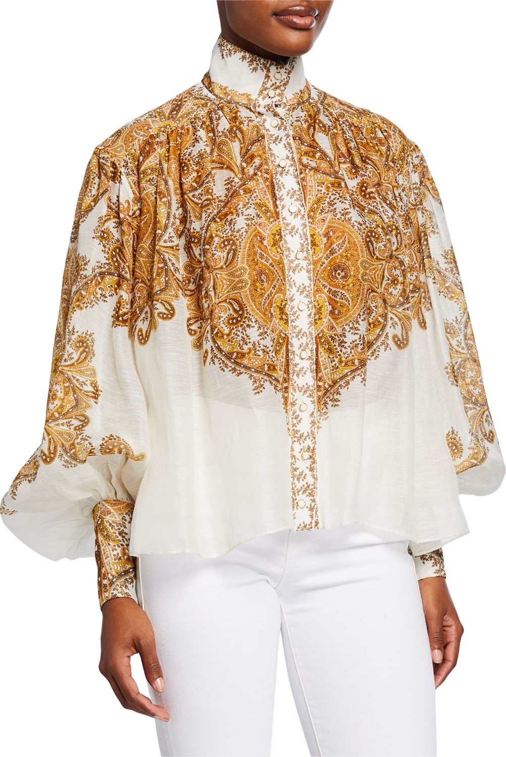 Zimmermann Zippy Printed Button-Front Bishop-Sleeve Billowy Blouse