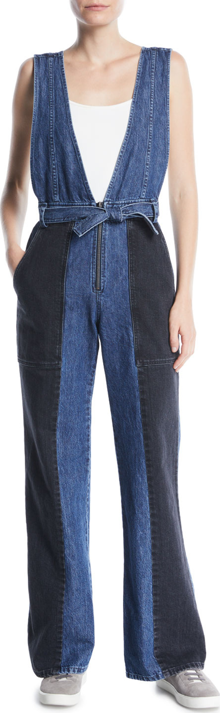 SEA Sleeveless Two-Tone Flared-Leg Denim Jumpsuit