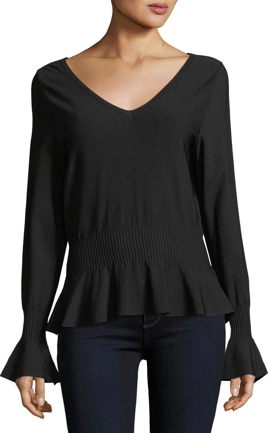 MILLY Pintuck V-Neck Knit Top