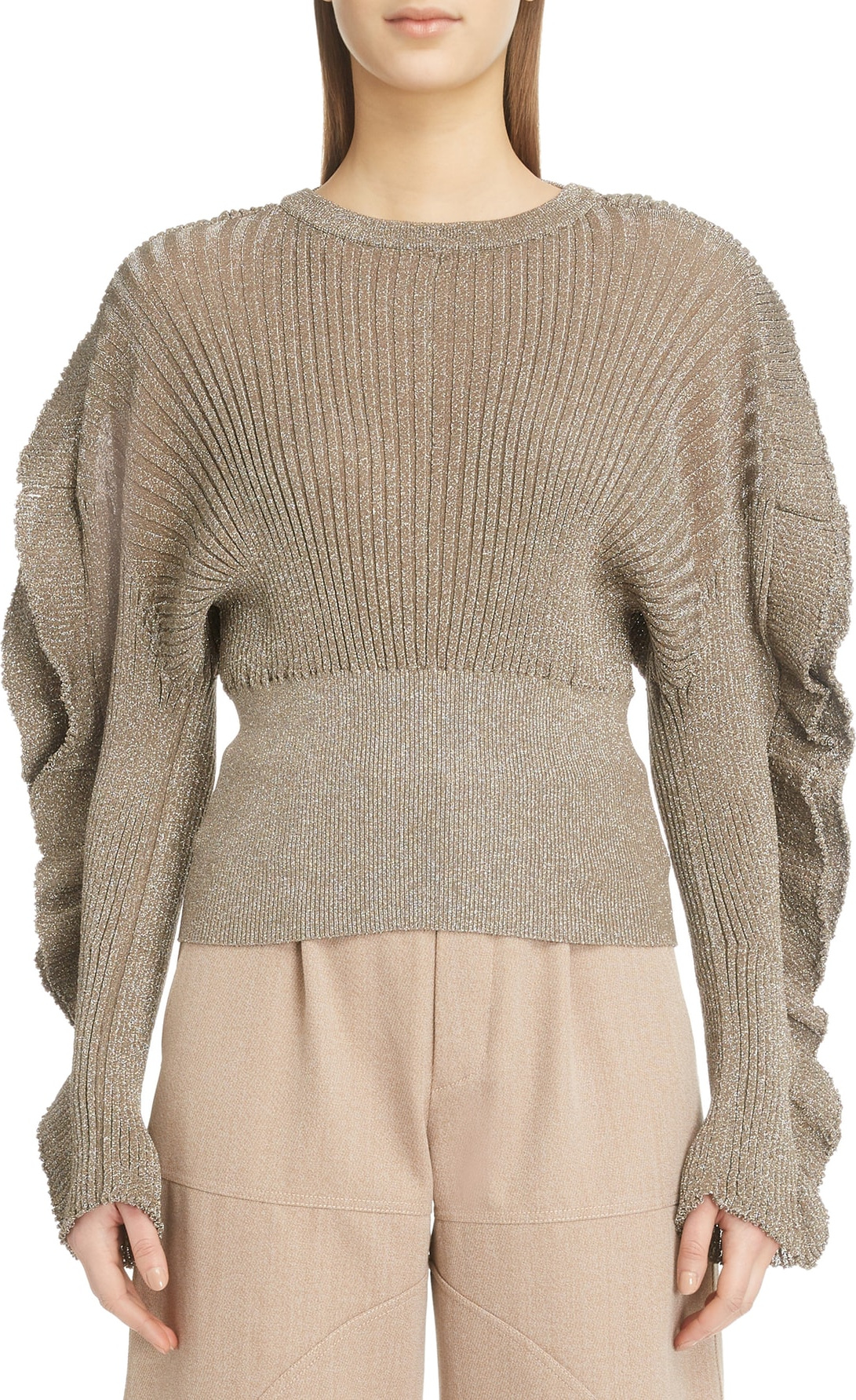 Chloe Flutter Sleeve Metallic Silk Sweater