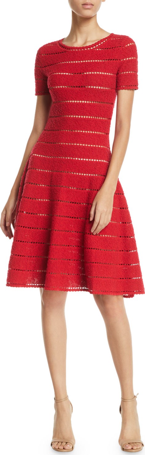 Oscar De La Renta Short-Sleeve Pointelle Metallic-Knit Fit-and-Flare Dress