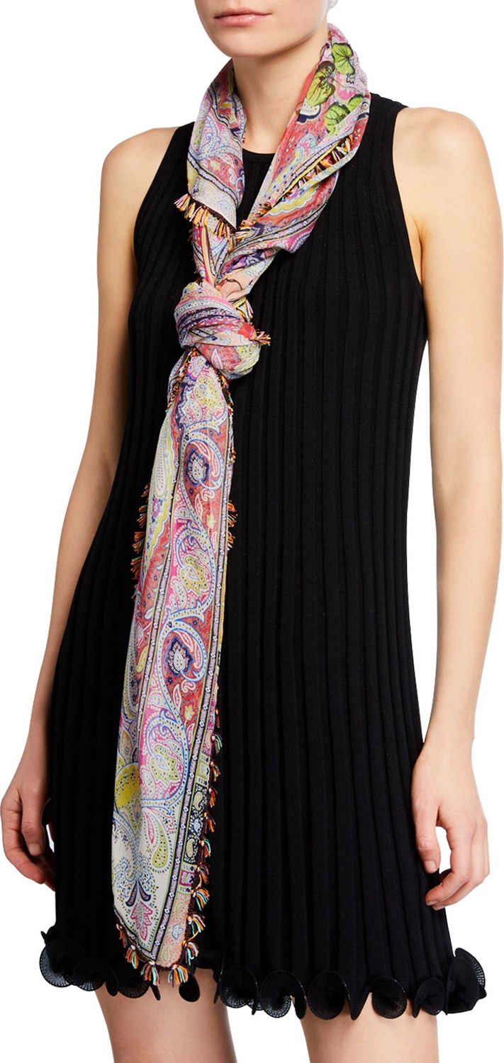 Etro Floral Paisley Silk Scarf w/ Tassel Fringe Border
