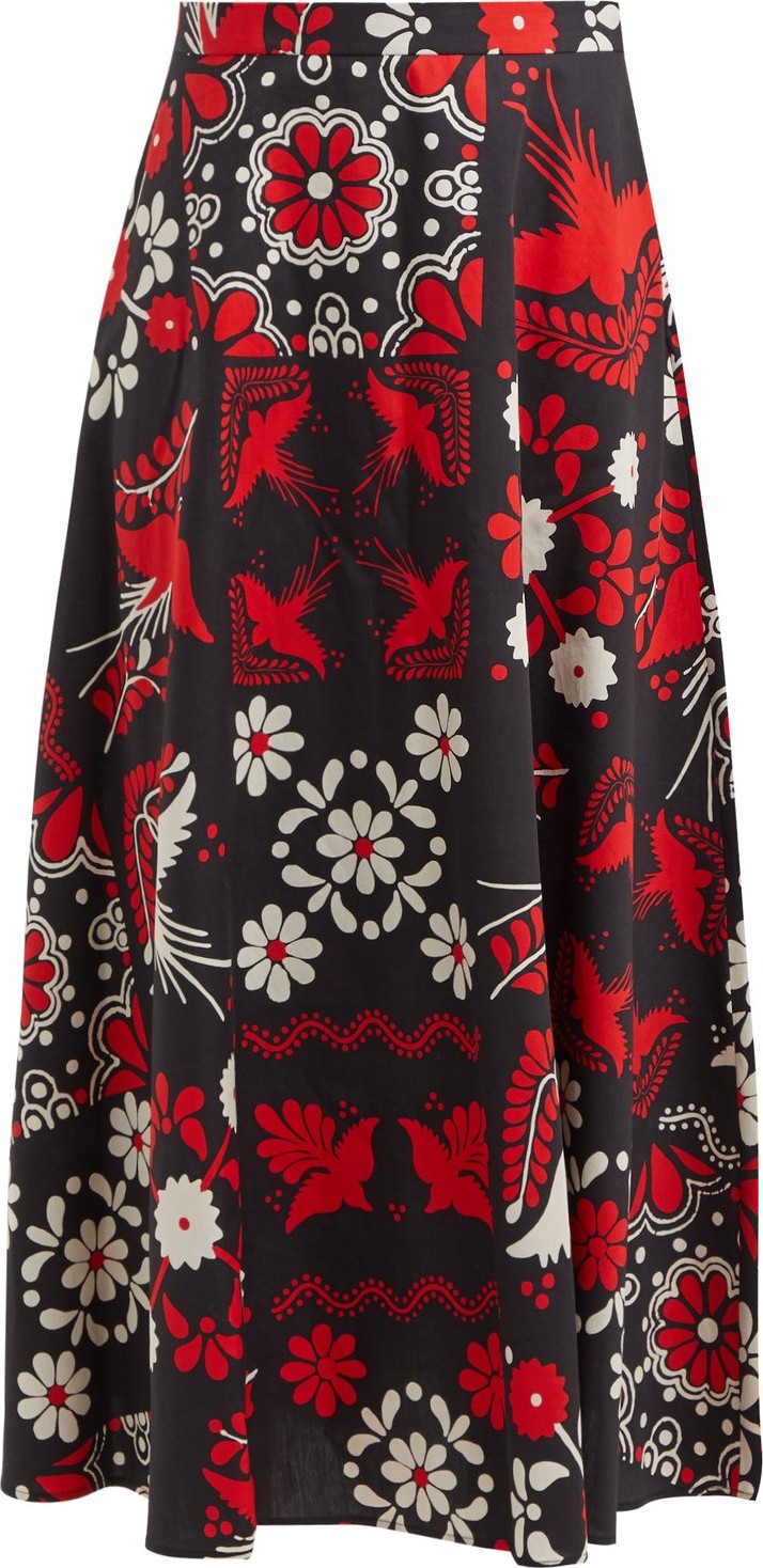 RED Valentino Floral and bird print cotton maxi skirt