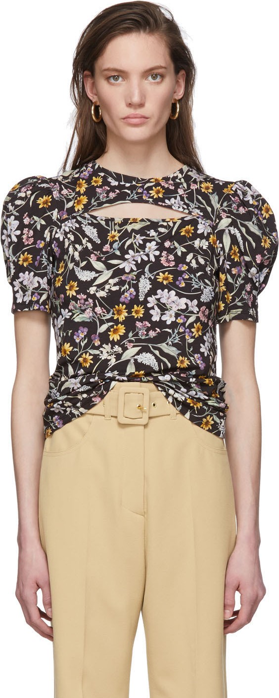 Les Rêveries Black Floral Cut-Out T-Shirt