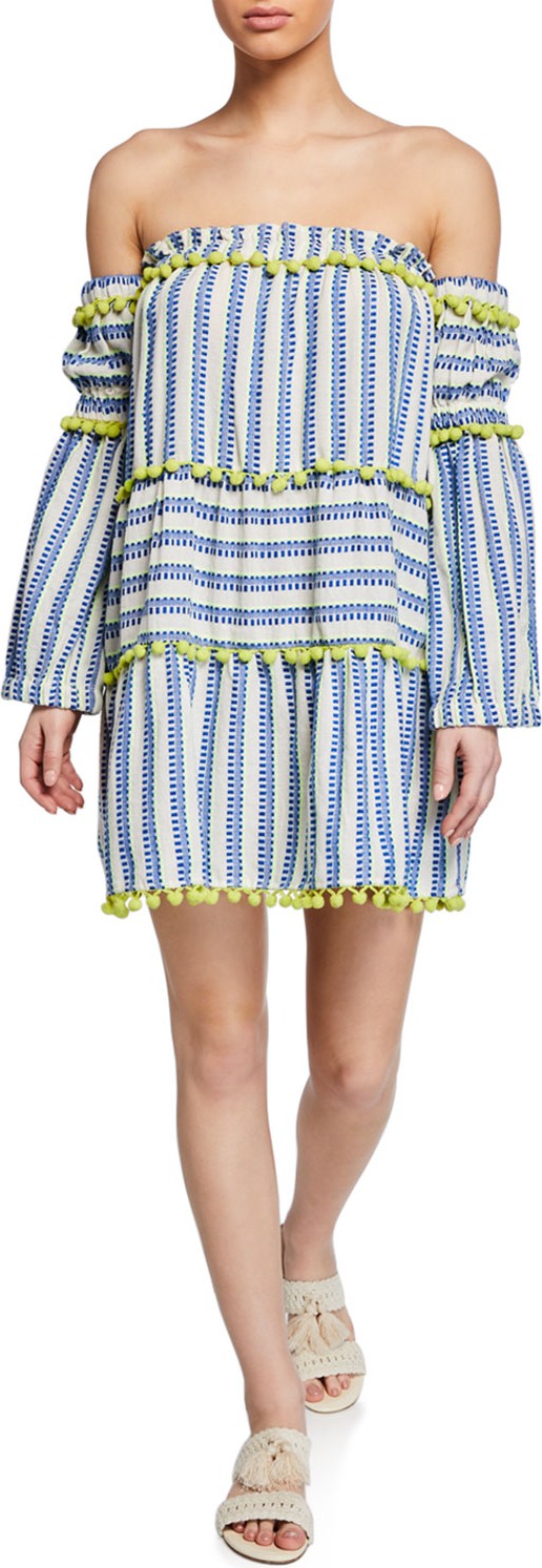 Tessora Petra Off-Shoulder Jacquard Dress with Pompoms