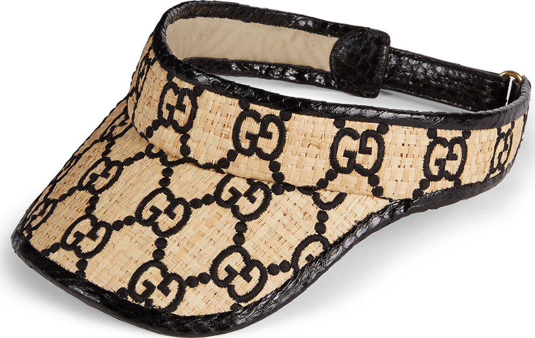 Gucci Raffia Interlocking G Embroidered Visor w/ Snakeskin Trim