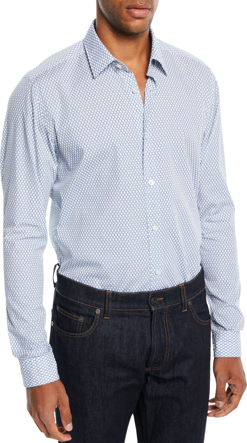 BOSS Hugo Boss Men's Chain Link-Print Sport Shirt, White/Teal