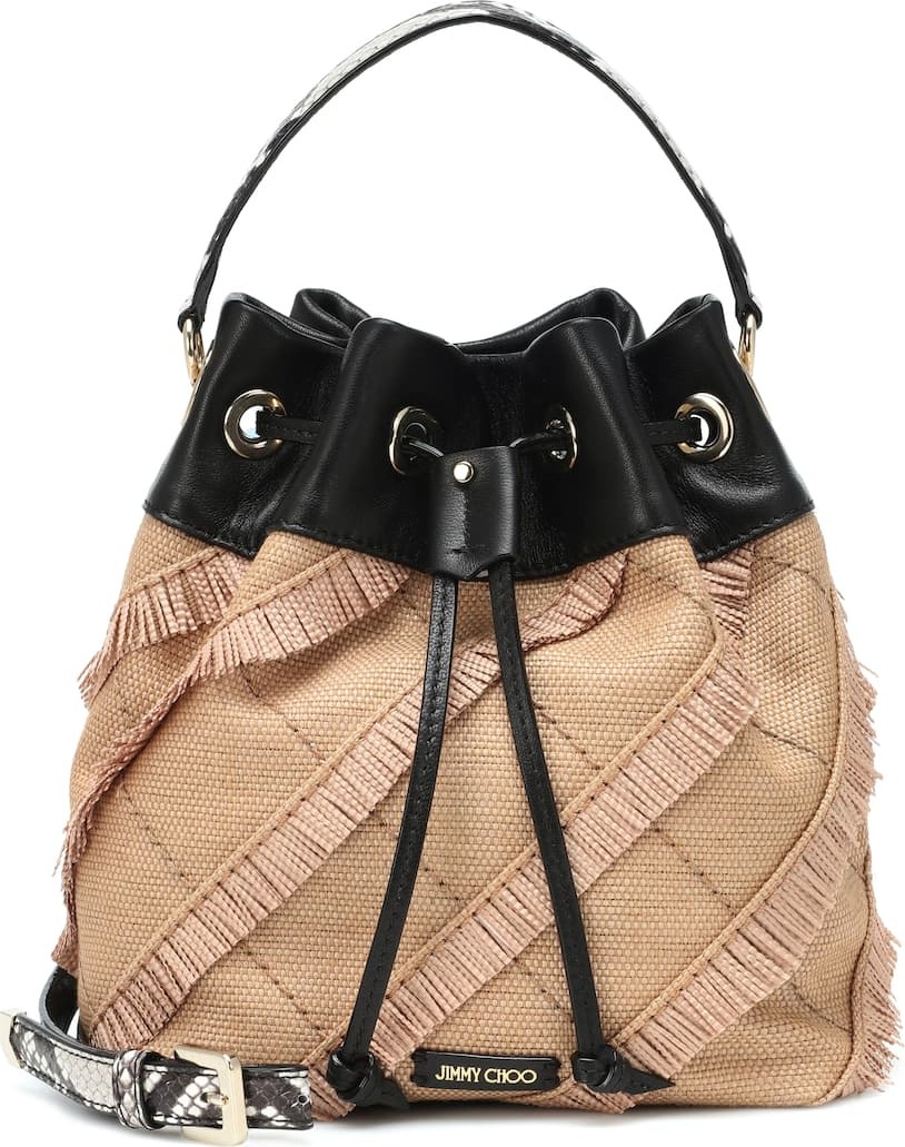 Jimmy Choo Juno leather and raffia bucket bag