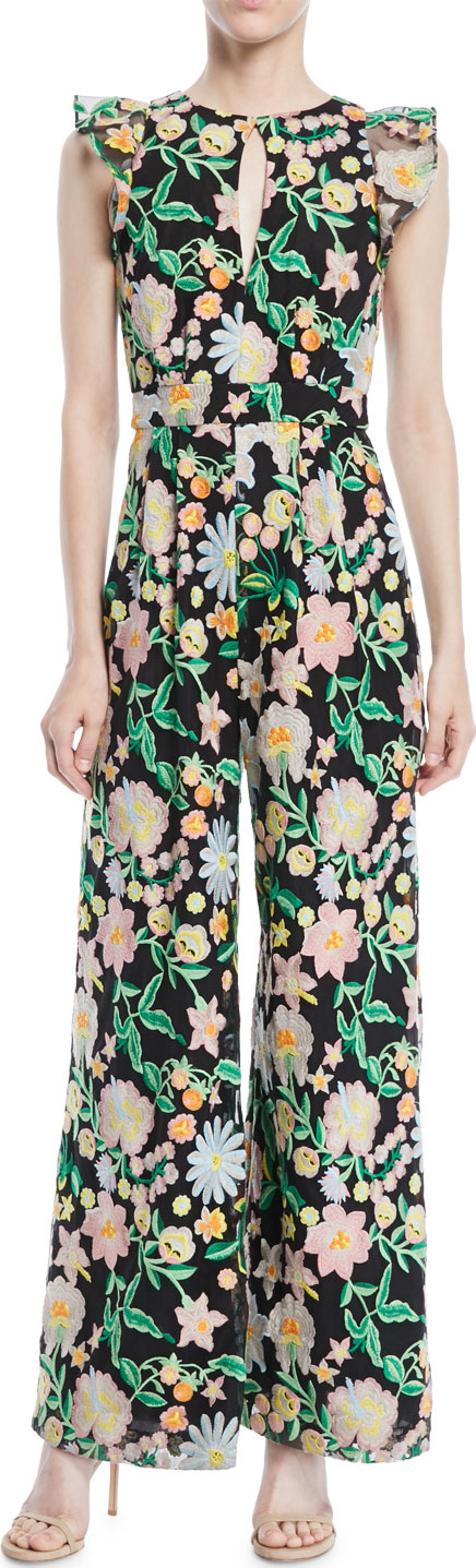 ML Monique Lhuillier Floral Jumpsuit w/ Keyhole Front & Flounce Sleeves ML Monique Lhuillier Floral Jumpsuit w/ Keyhole Front & Flounce Sleeves