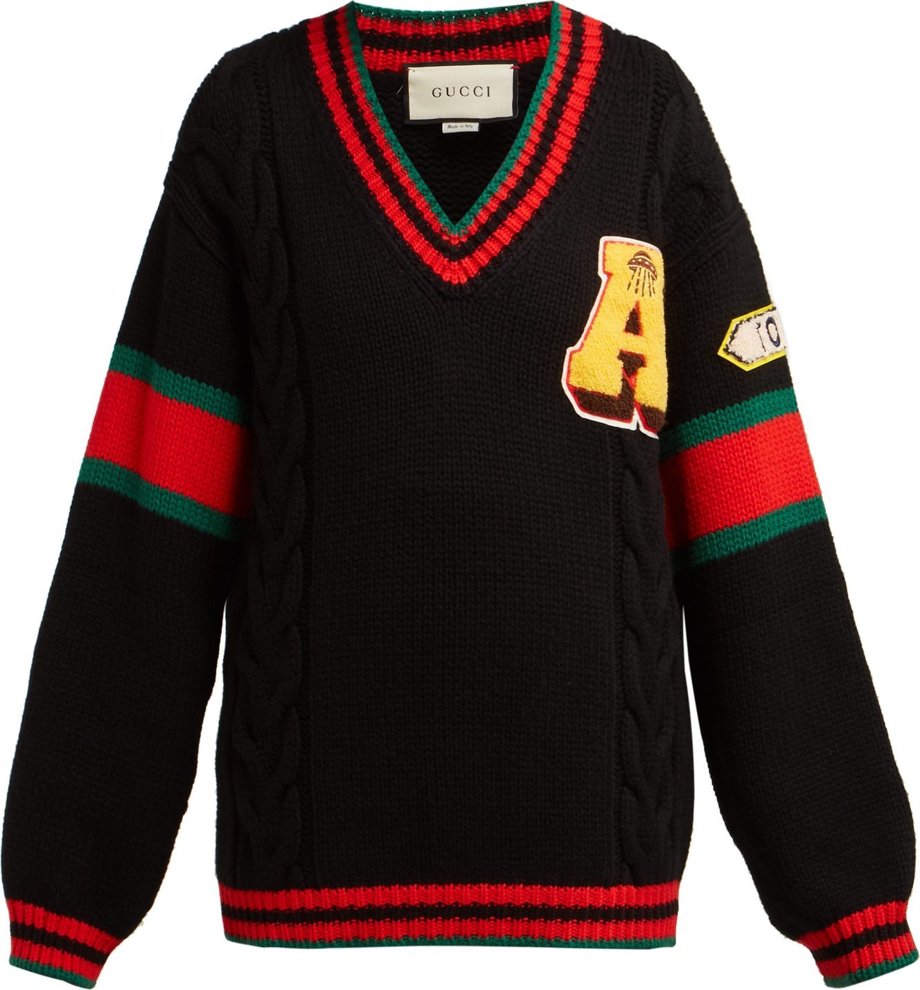 Gucci Web stripe-intarsia cable-knit wool sweater