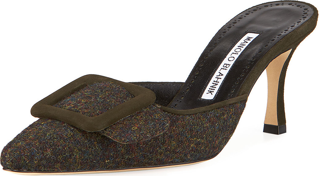 Manolo Blahnik Maysale Tweed Mules with Buckle