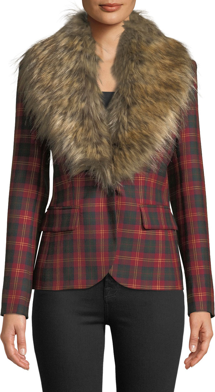 Redemption Detachable Faux-Fur Collar One-Button Tartan Wool Blazer