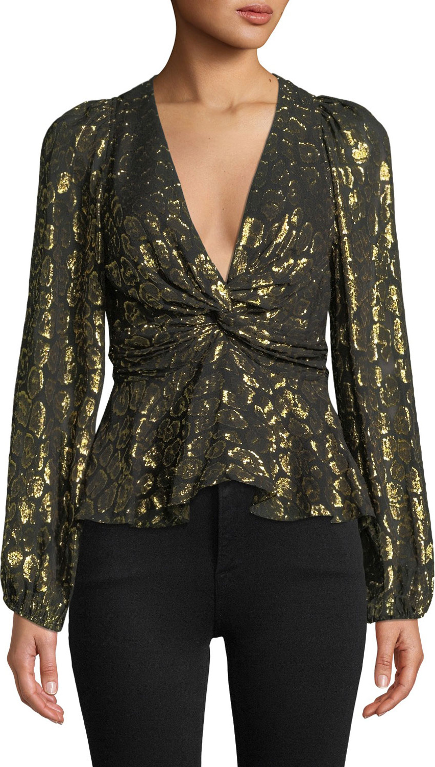 A.L.C. Logan Metallic Twist-Front Animal-Print Top