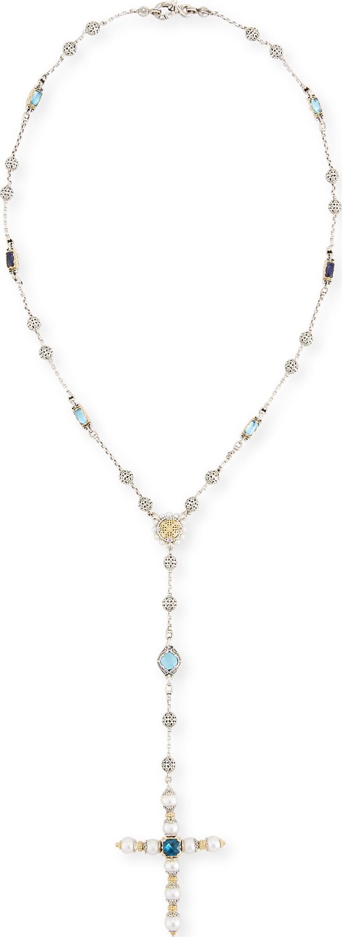 Konstantino Blue Topaz & Pearl Lariat Cross Necklace