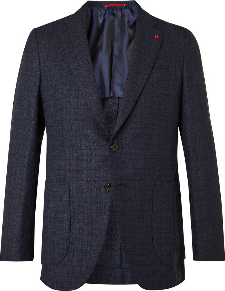 Isaia Navy Slim-Fit Checked Wool-Blend Blazer