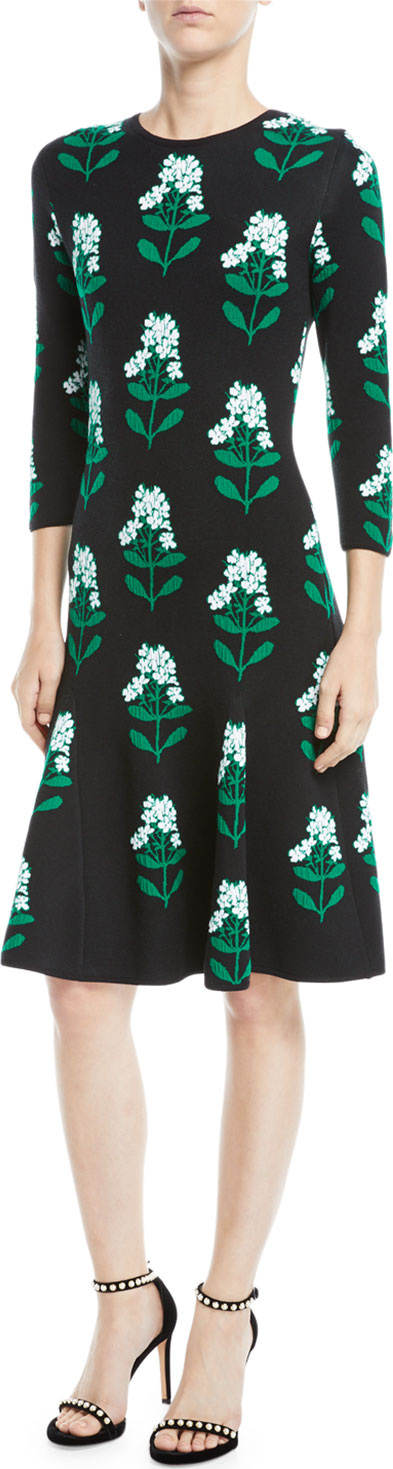 Carolina Herrera Floral Jacquard Long-Sleeve Dress